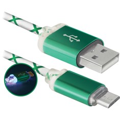 USB კაბელი DEFENDER, USB08-03LT USB2.0, მწვანე, LED, AM-MICROBM, 1მ